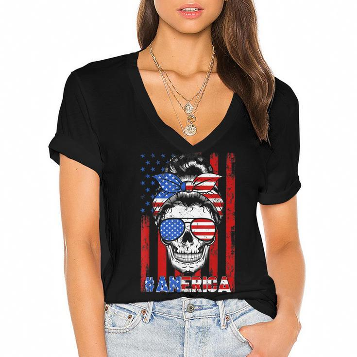Messy Bun Skull America Flag Glasses 4Th Of July Patriotic  Women's Jersey Short Sleeve Deep V-Neck Tshirt