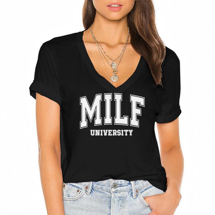Milf University Vintage Funny Saying Sarcastic Sexy Mom Milf Women's Jersey Short Sleeve Deep V-Neck Tshirt