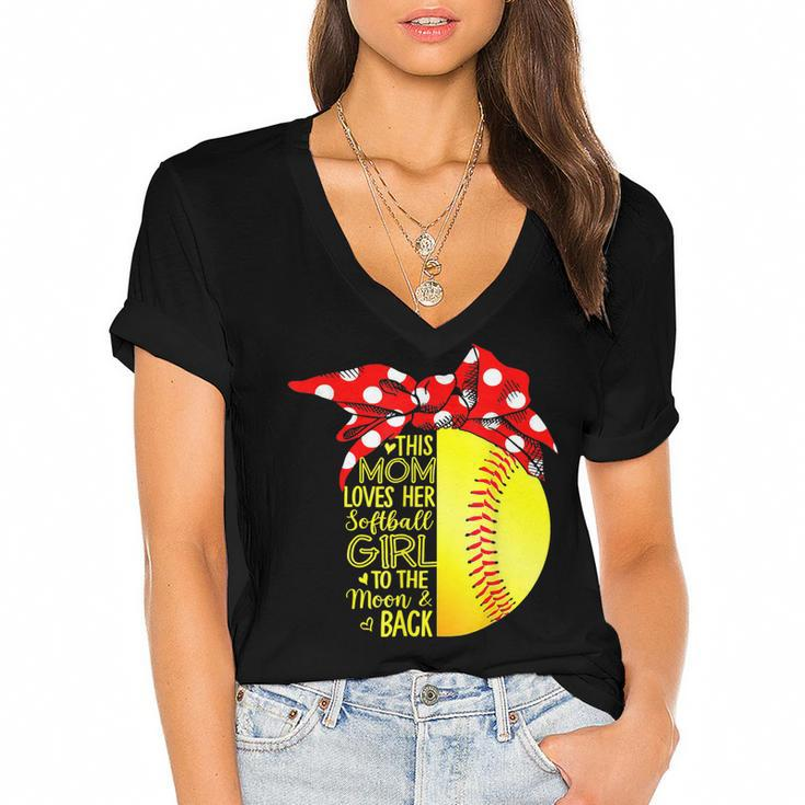 Mom Loves Her Softball Girl Baseball Bandana Mothers Day  Women's Jersey Short Sleeve Deep V-Neck Tshirt
