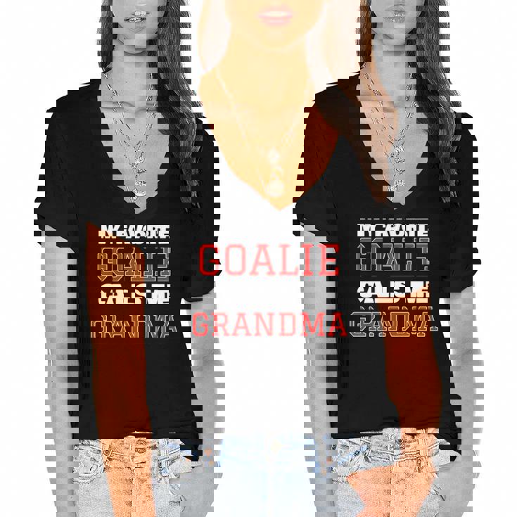 My Favorite Goalie Calls Me Grandma Soccer Hockey Lacrosse Women's Jersey Short Sleeve Deep V-Neck Tshirt