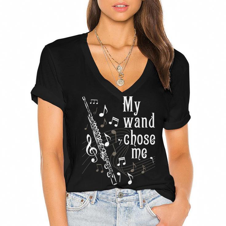 My Wand Chose Me - Flute Player Flutist Marching Band Music  Women's Jersey Short Sleeve Deep V-Neck Tshirt