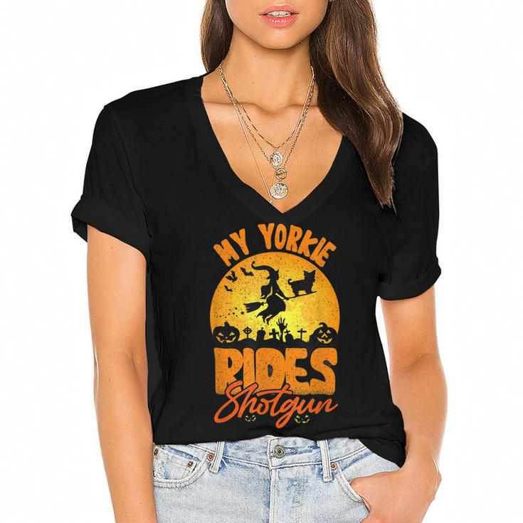 My Yorkie Rides Shotgun Halloween Witch Dog Spooky Season  Women's Jersey Short Sleeve Deep V-Neck Tshirt