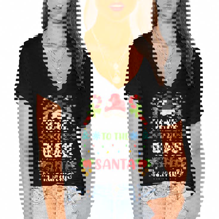 Nurse Christmas - Be Nice To The Nurse Santa Is Watching Women's Jersey Short Sleeve Deep V-Neck Tshirt Nurse Christmas - Be Nice To The Nurse Santa Is Watching Women's Jersey Short Sleeve Deep V-Neck Tshirt