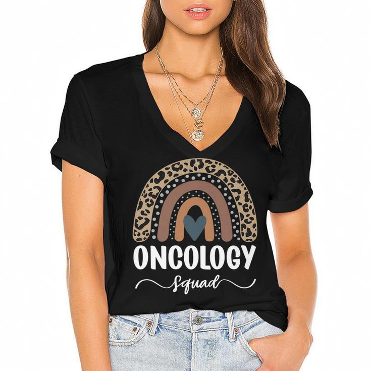Oncology Squad Leopard Rainbow Matching Oncology Nurse Team   Women's Jersey Short Sleeve Deep V-Neck Tshirt