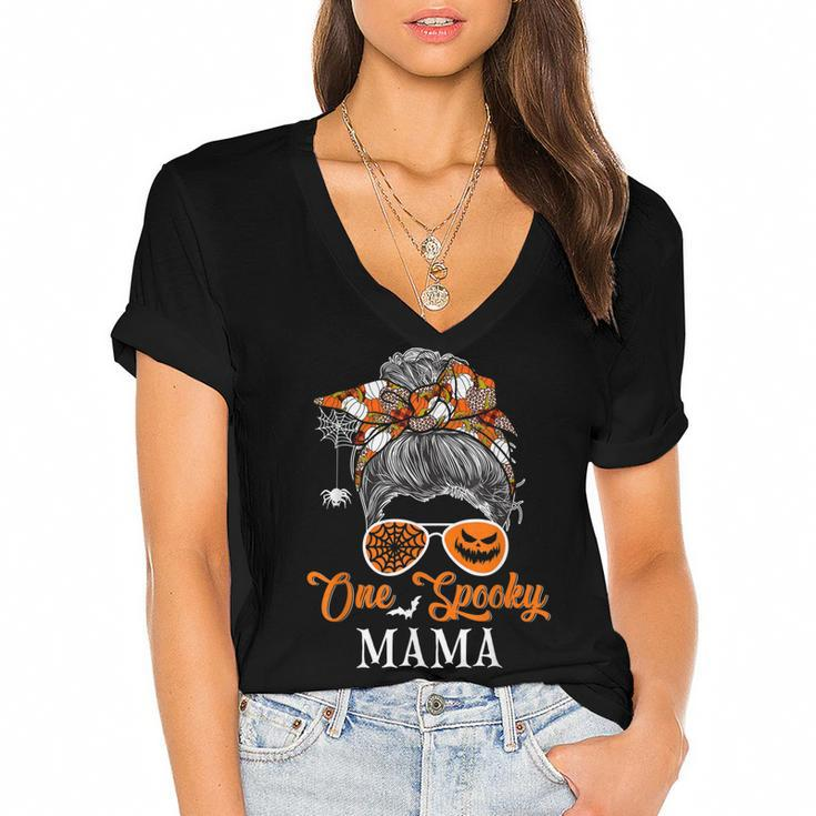 One Spooky Mama Halloween Woman Messy Bun Hair Sunglasses  Women's Jersey Short Sleeve Deep V-Neck Tshirt