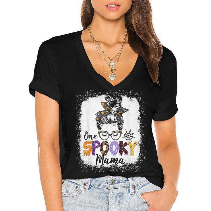One Spooky Mama Messy Bun Skull Halloween Funny Mom Life  Women's Jersey Short Sleeve Deep V-Neck Tshirt