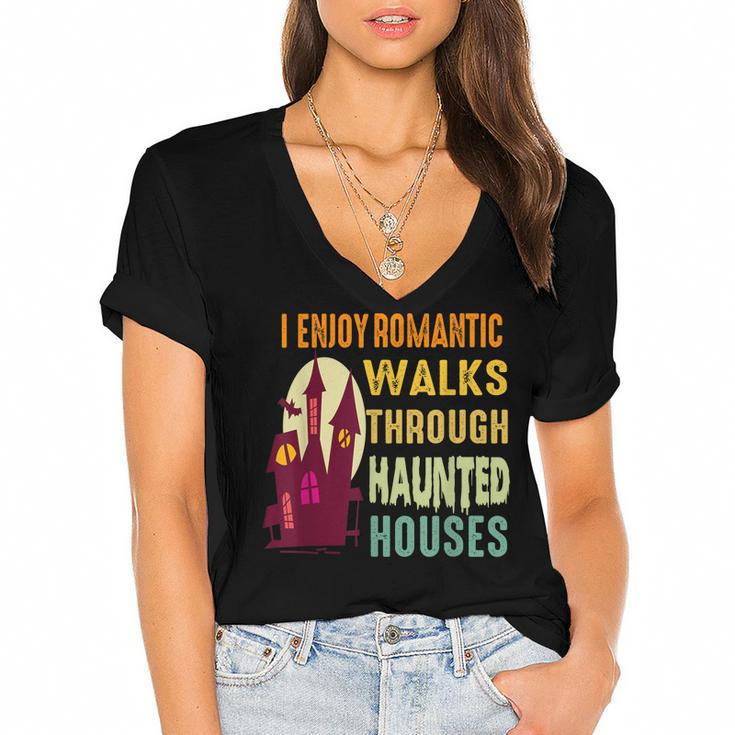 Paranormal I Enjoy Romantic Walks Haunted Houses Halloween  V2 Women's Jersey Short Sleeve Deep V-Neck Tshirt