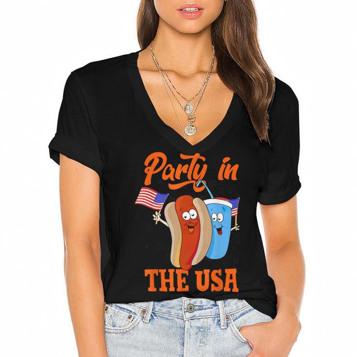 Party In The Usa  Hot Dog Love Usa Funny Fourth Of July  Women's Jersey Short Sleeve Deep V-Neck Tshirt