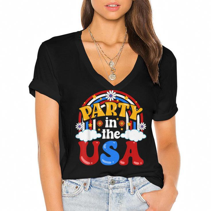 Party In The Usa Vintage Daisy Flowers 4Th Of July Patriotic  Women's Jersey Short Sleeve Deep V-Neck Tshirt
