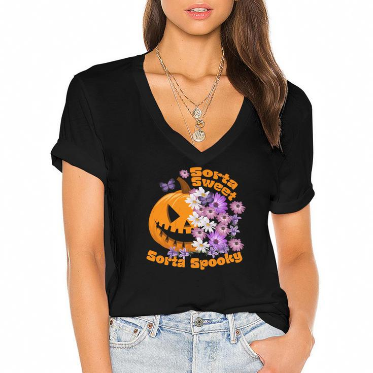Pumpkin Daisy Sorta Sweet Sorta Spooky Halloween Women's Jersey Short Sleeve Deep V-Neck Tshirt