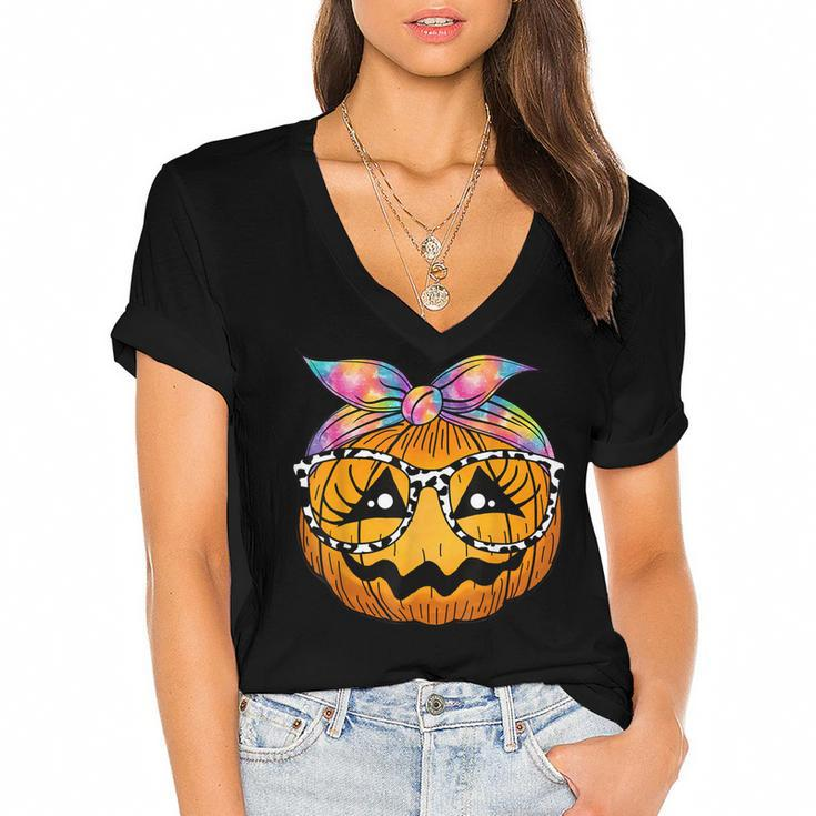 Pumpkin Face Tie Dye Leopard Glasses Halloween Costume Kids  Women's Jersey Short Sleeve Deep V-Neck Tshirt