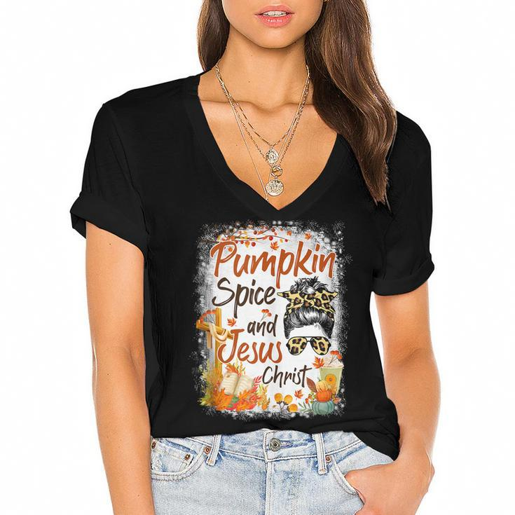 Pumpkin Spice And Jesus Christ Leopard Messy Bun Fall  Women's Jersey Short Sleeve Deep V-Neck Tshirt