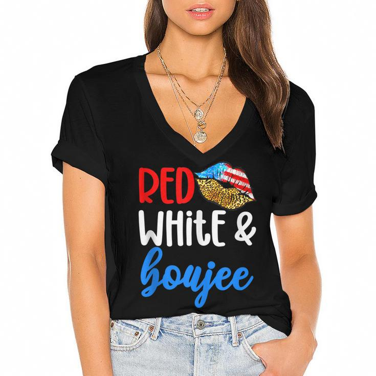 Red White And Boujee Funny 4Th Of July American Flag Lips  Women's Jersey Short Sleeve Deep V-Neck Tshirt