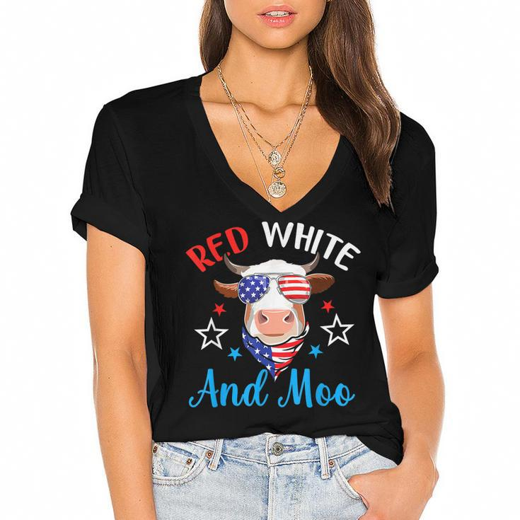 Red White And Moo 4Th Of July Cow Usa Flag Farmer Patriotic  V2 Women's Jersey Short Sleeve Deep V-Neck Tshirt