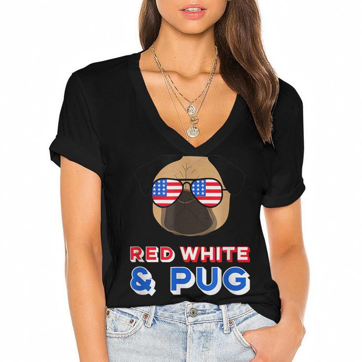 Red White And Pug  Funny Usa Dog 4Th July   Women's Jersey Short Sleeve Deep V-Neck Tshirt