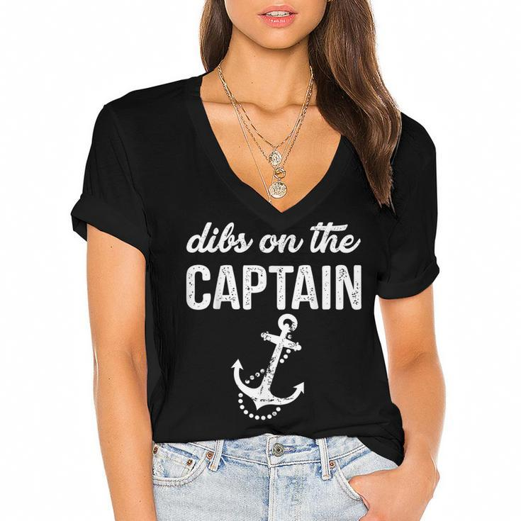 Retro Anchor Vintage Dibs On The Captain Funny Captain Wife  Women's Jersey Short Sleeve Deep V-Neck Tshirt