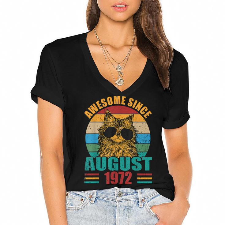 Retro Awesome Since August 1972 50Th Birthday 50 Years Old  Women's Jersey Short Sleeve Deep V-Neck Tshirt