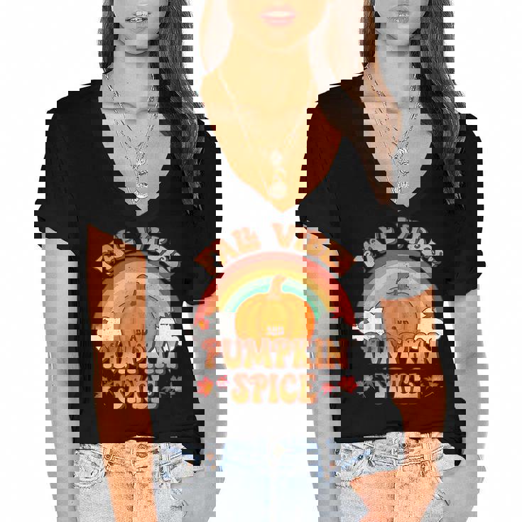 Retro Fall Vibes And Pumpkin Spice Rainbow Fall Autumn Women's Jersey Short Sleeve Deep V-Neck Tshirt