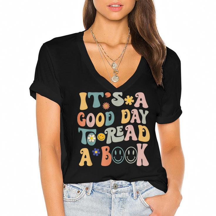 Retro Groovy National Read A Book Day Funny Book Lover  Women's Jersey Short Sleeve Deep V-Neck Tshirt
