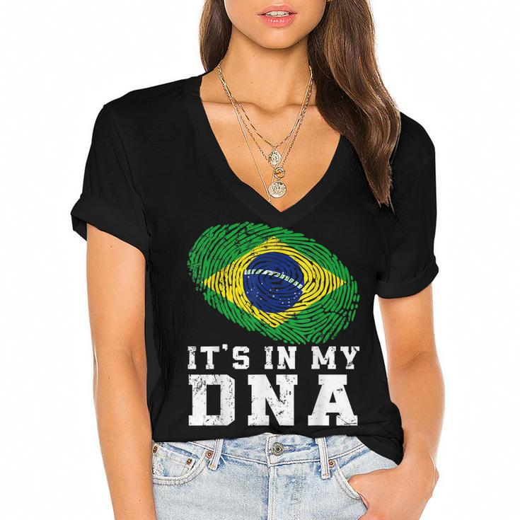 Retro Its In My Dna Brazil Flag Patriotic  Women's Jersey Short Sleeve Deep V-Neck Tshirt