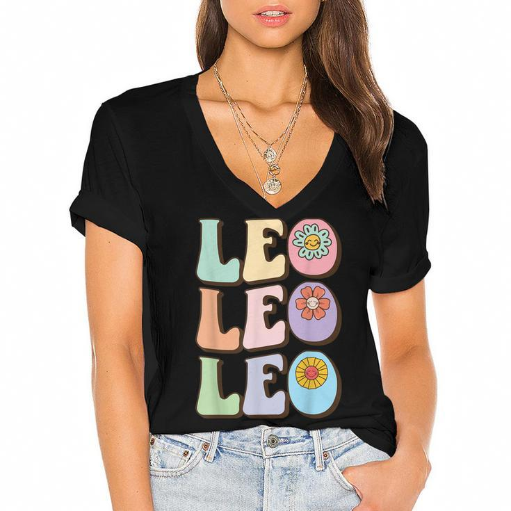 Retro Leo Zodiac Sign Astrology July August Birthday Leo  V2 Women's Jersey Short Sleeve Deep V-Neck Tshirt