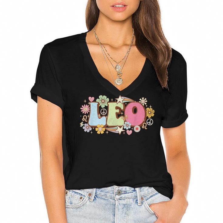 Retro Leo Zodiac Sign Astrology July August Birthday Leo  V3 Women's Jersey Short Sleeve Deep V-Neck Tshirt