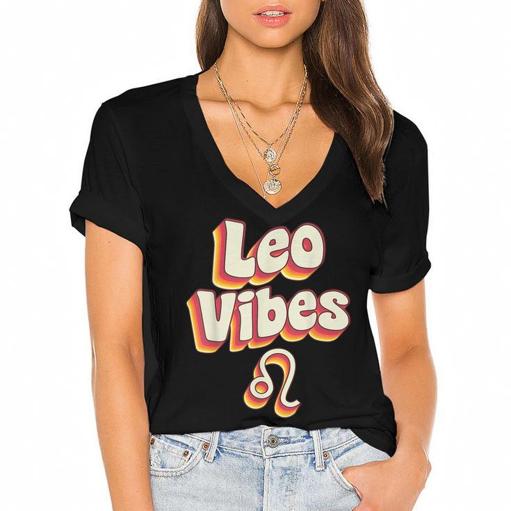 Retro Leo Zodiac Sign Astrology July August Birthday Leo  Women's Jersey Short Sleeve Deep V-Neck Tshirt