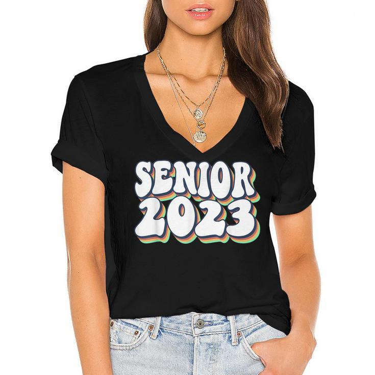 Retro Senior 2023 Back To School Class Of 2023 Graduation  Women's Jersey Short Sleeve Deep V-Neck Tshirt