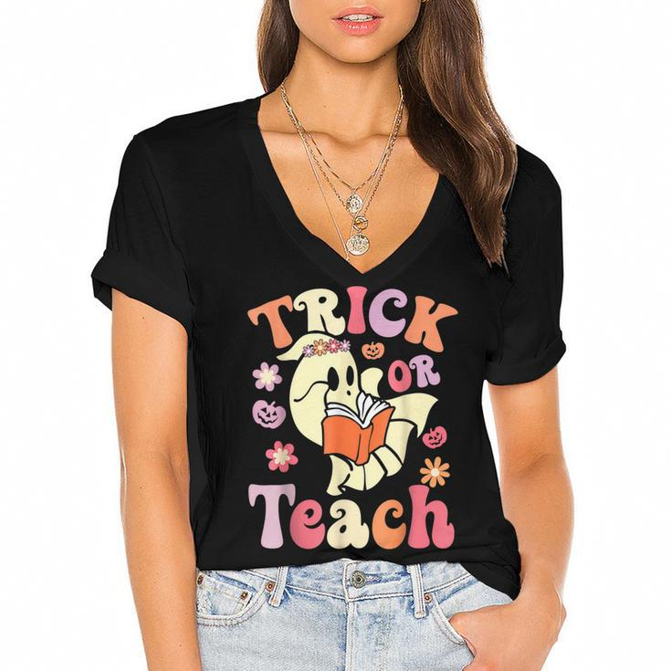 Retro Vintage Groovy Trick Or Teach Halloween Teacher Life  V5 Women's Jersey Short Sleeve Deep V-Neck Tshirt