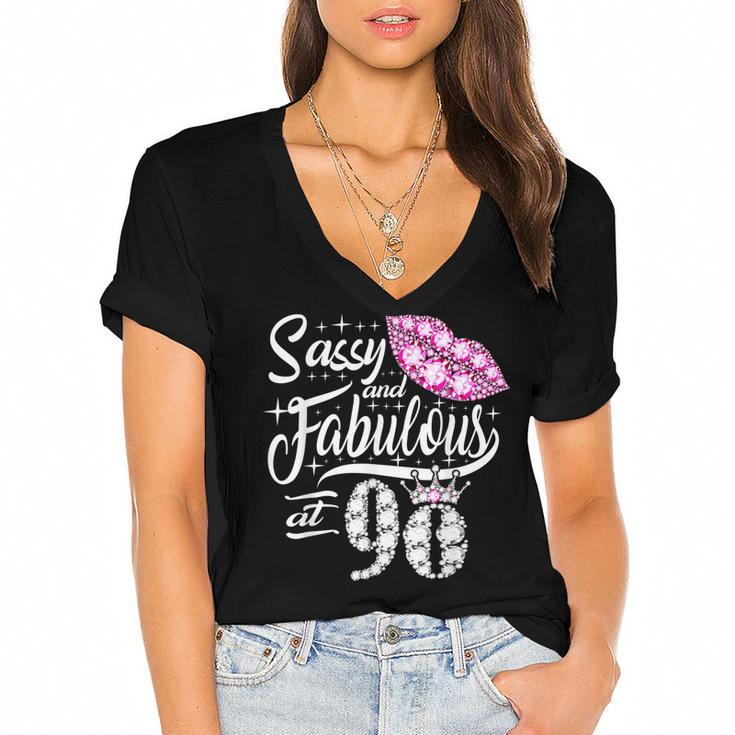 Sassy And Fabulous At 90 Years Old 90Th Birthday Crown Lips  Women's Jersey Short Sleeve Deep V-Neck Tshirt