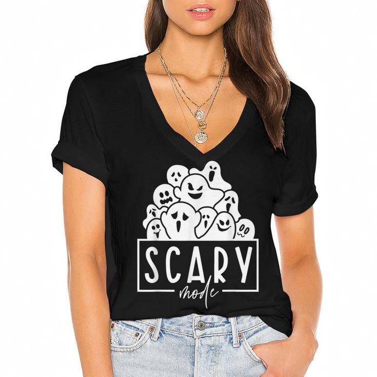 Scary Mode Boo Crew Ghost Spooky Vibes Funny Halloween  Women's Jersey Short Sleeve Deep V-Neck Tshirt