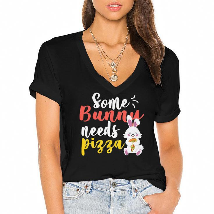 Some Bunny Needs Pizza  Funny Easter Day Pizza Day Women's Jersey Short Sleeve Deep V-Neck Tshirt