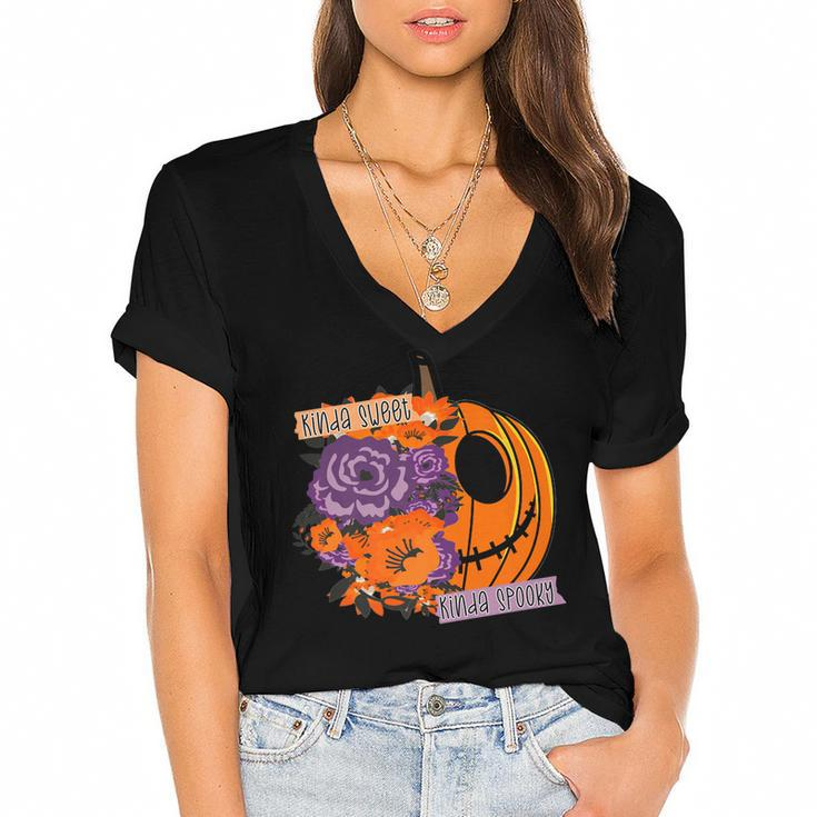 Sorta Sweet Sorta Spooky Funny Halloween Women Girls Pumpkin   Women's Jersey Short Sleeve Deep V-Neck Tshirt