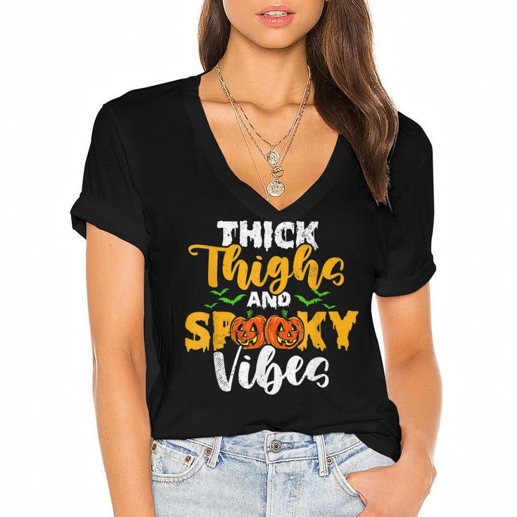 Spooky Halloween Thick Thighs Spooky Vibes Halloween   Women's Jersey Short Sleeve Deep V-Neck Tshirt