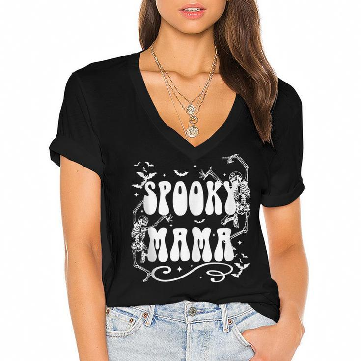 Spooky Mama Dancing Skeleton Funny Halloween Mama  Women's Jersey Short Sleeve Deep V-Neck Tshirt