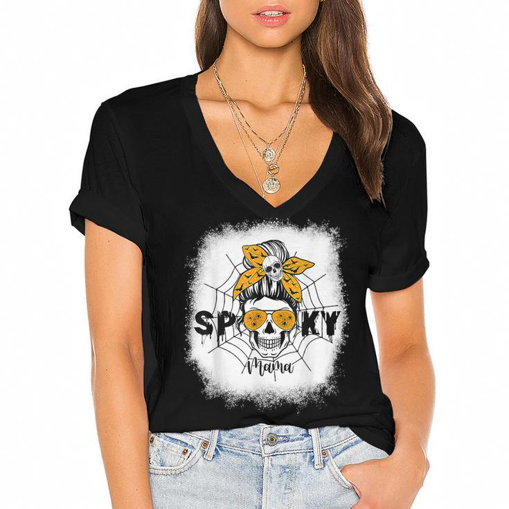 Spooky Mama Halloween Skull Messy Bun Witch Mom  V2 Women's Jersey Short Sleeve Deep V-Neck Tshirt