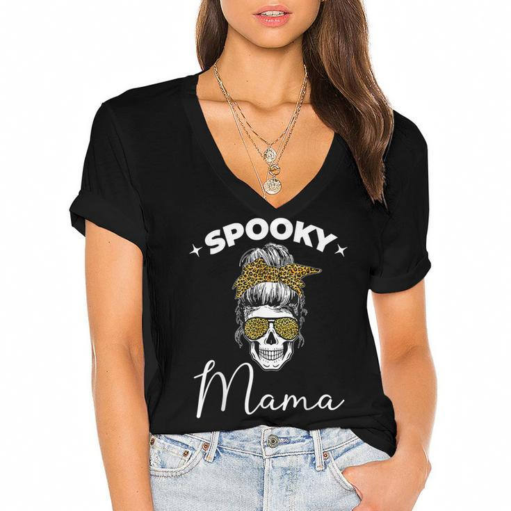 Spooky Mama Skull Messy Bun Glasses Leopard Halloween  V2 Women's Jersey Short Sleeve Deep V-Neck Tshirt
