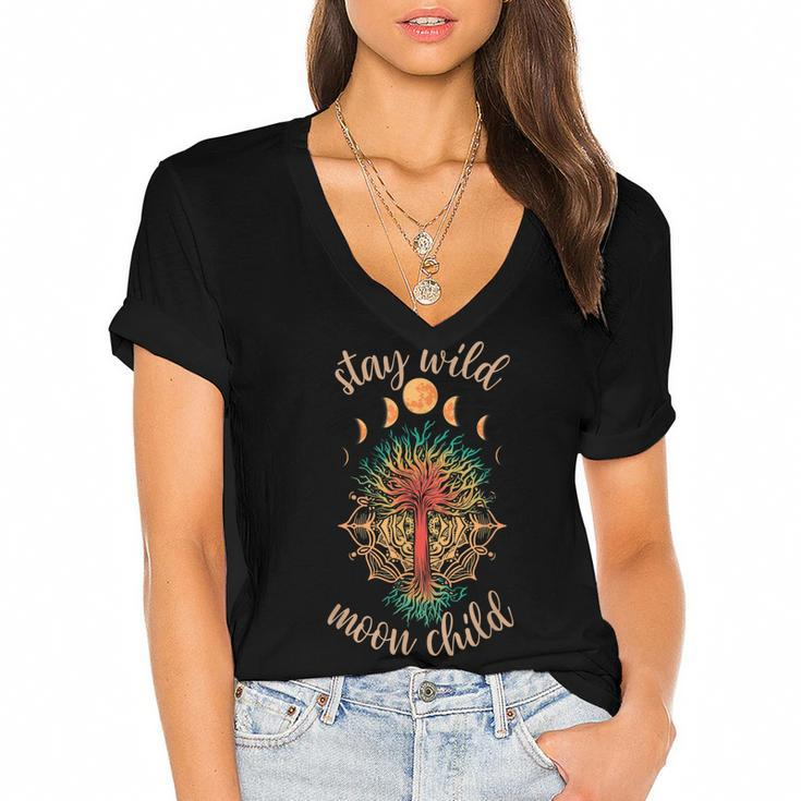 Stay Wild Moon Child Boho Peace Hippie Gift Moon Child  V2 Women's Jersey Short Sleeve Deep V-Neck Tshirt
