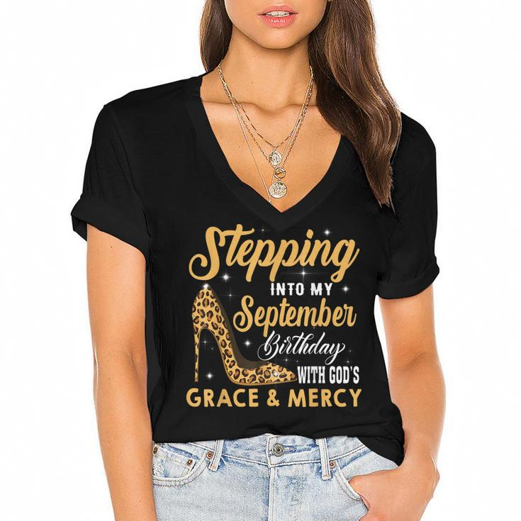 Stepping Into My September Birthday With God Grace And Mercy  Women's Jersey Short Sleeve Deep V-Neck Tshirt