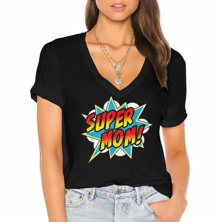 Super Mom Comic Book Superhero Mothers Day  Women's Jersey Short Sleeve Deep V-Neck Tshirt