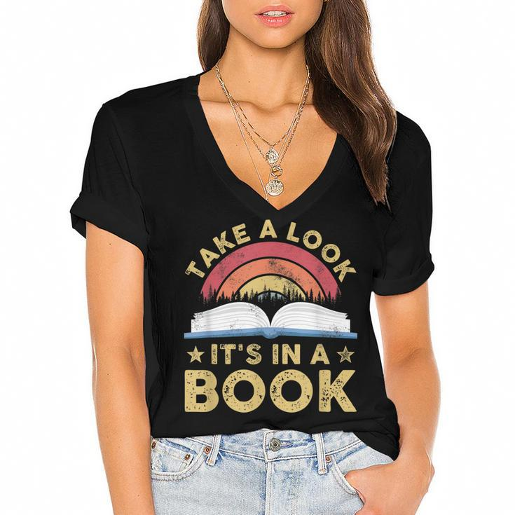 Take A Look Its In A Book Reading Vintage Retro Rainbow  Women's Jersey Short Sleeve Deep V-Neck Tshirt
