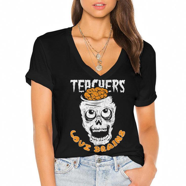 Teacher Loves Brain Halloween Student Trick Or Treat  Women's Jersey Short Sleeve Deep V-Neck Tshirt