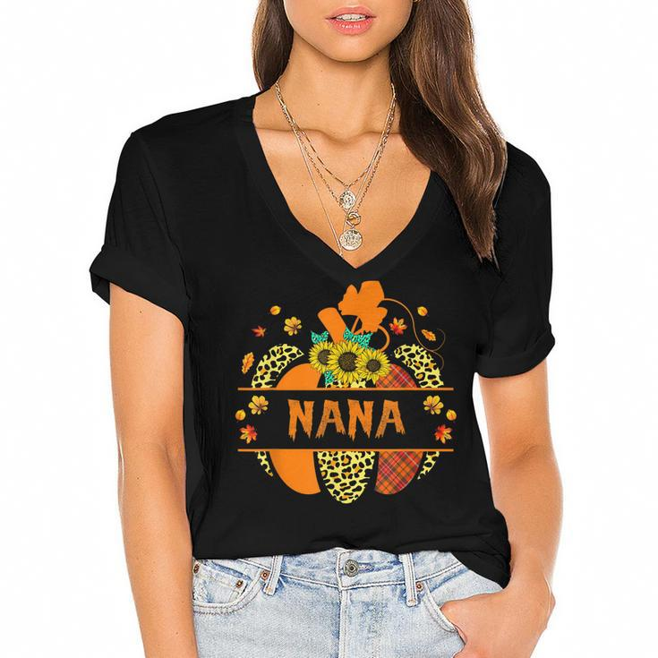 Thankful Grateful Blessed Nana Pumpkin Leopard Halloween  Women's Jersey Short Sleeve Deep V-Neck Tshirt