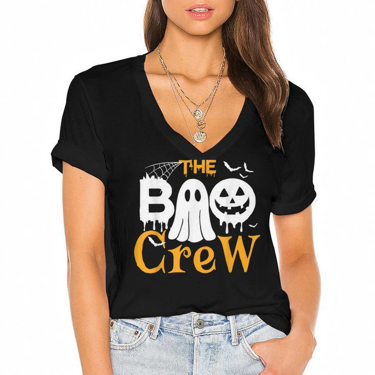 The Boo Crew  - Scary Cute Ghost Pumpkin Halloween  Women's Jersey Short Sleeve Deep V-Neck Tshirt