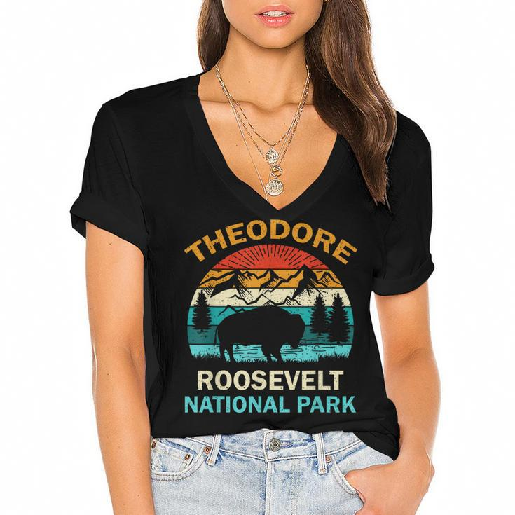 Theodore Roosevelt National Park North Dakota Buffalo Retro  Women's Jersey Short Sleeve Deep V-Neck Tshirt