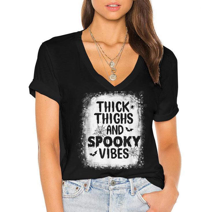 Thick Thigh And Spooky Vibes Happy Halloween Scary Bleached  Women's Jersey Short Sleeve Deep V-Neck Tshirt