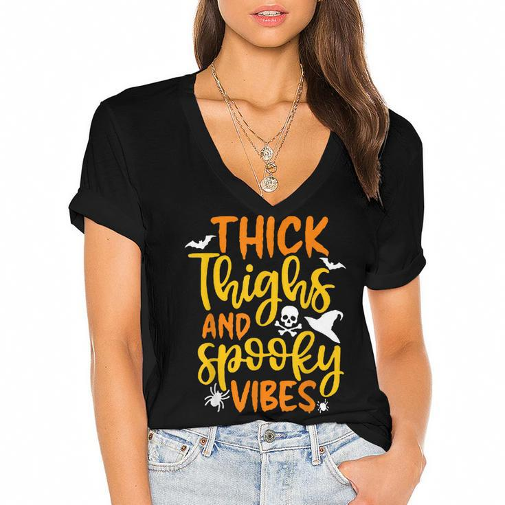 Thick Thighs And Spooky Vibes Halloween Costume Party Dress  Women's Jersey Short Sleeve Deep V-Neck Tshirt