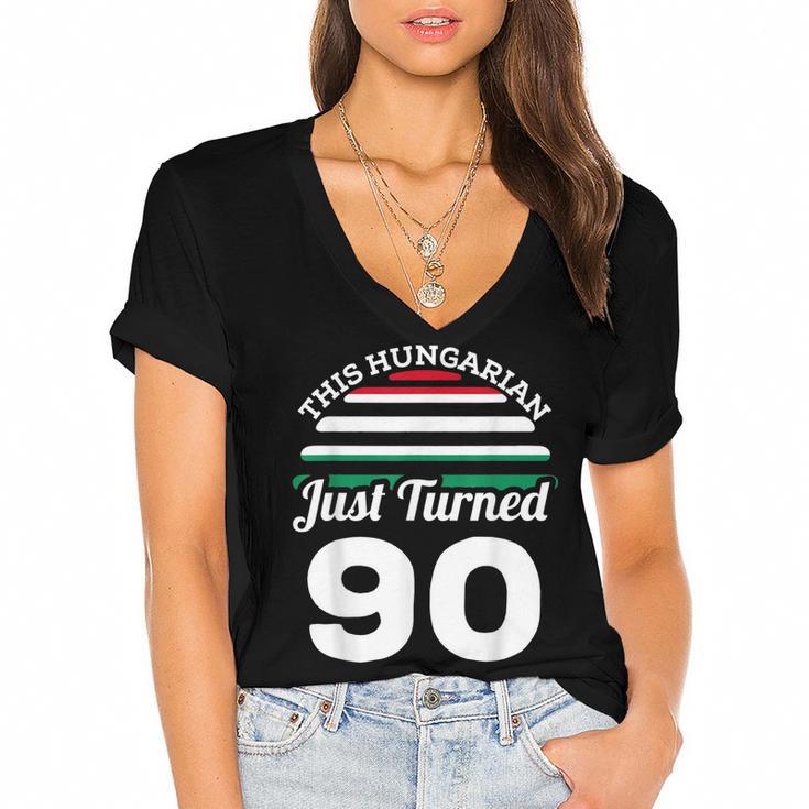 This Hungarian Just Turned 90 Hungary 90Th Birthday Gag Gift  Women's Jersey Short Sleeve Deep V-Neck Tshirt