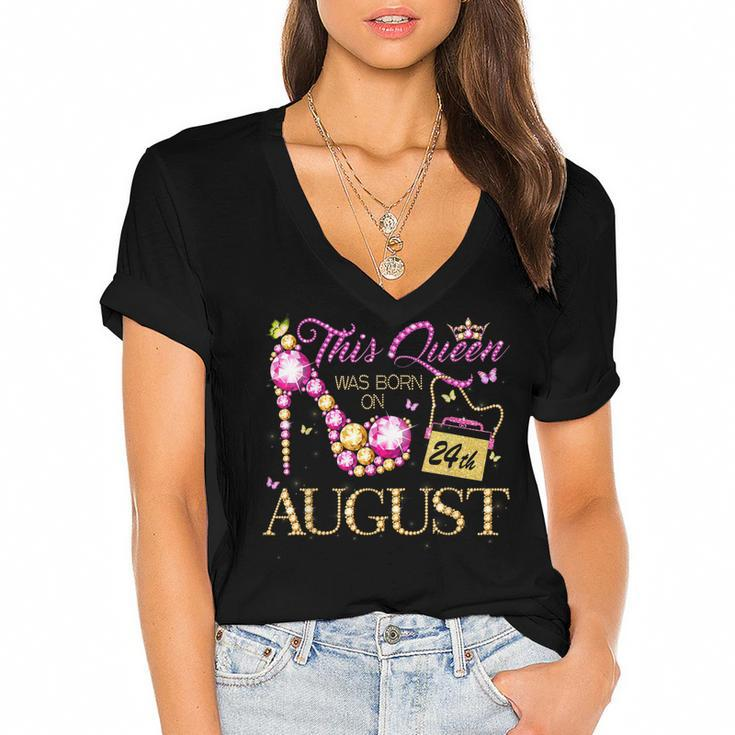 This Queen Was Born On August 24 24Th August Birthday Queen  Women's Jersey Short Sleeve Deep V-Neck Tshirt