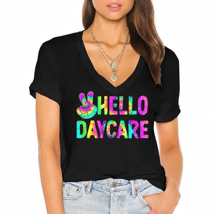 Tie Dye Hello Daycare Back To School Teachers Kids  Women's Jersey Short Sleeve Deep V-Neck Tshirt